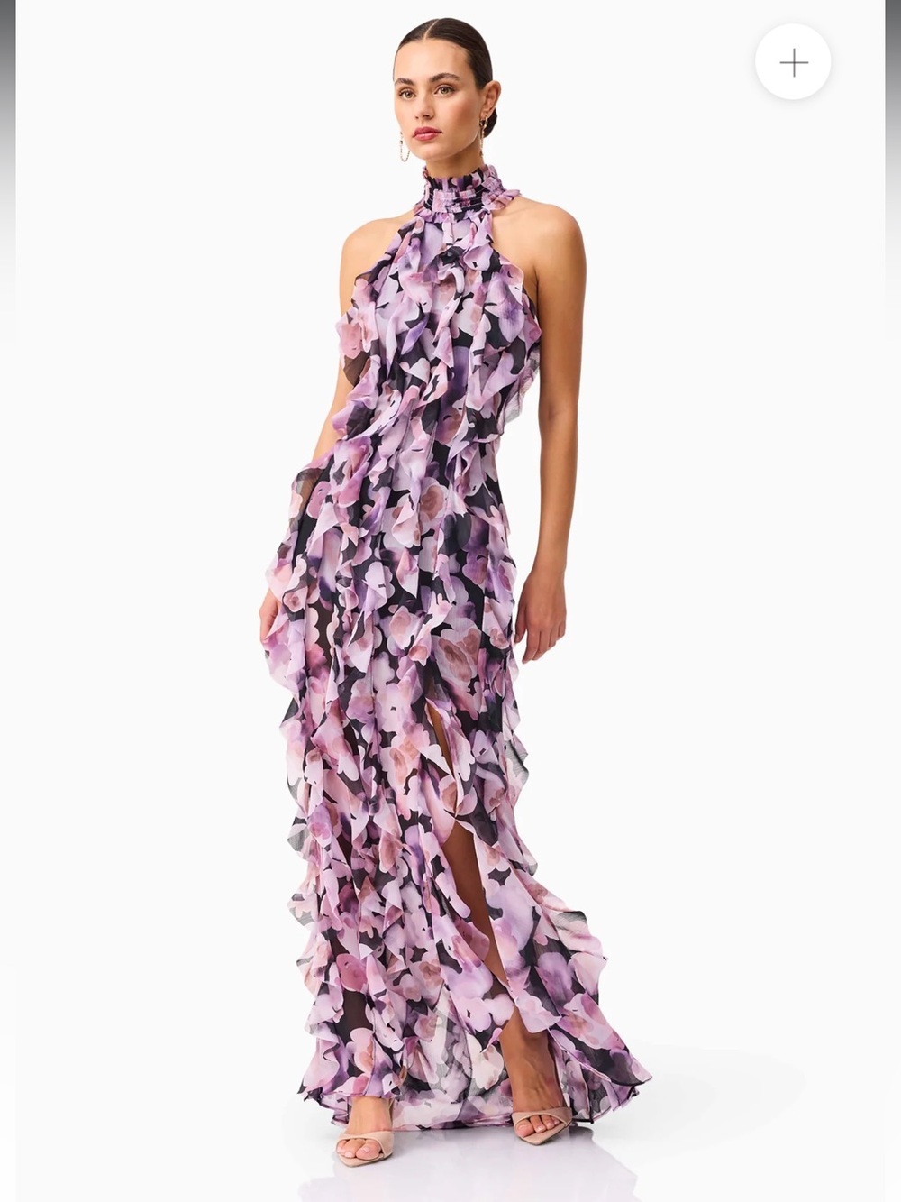 elliatt solene purple & black floral print halter tiered maxi gown dress medium - Picture 4 of 13